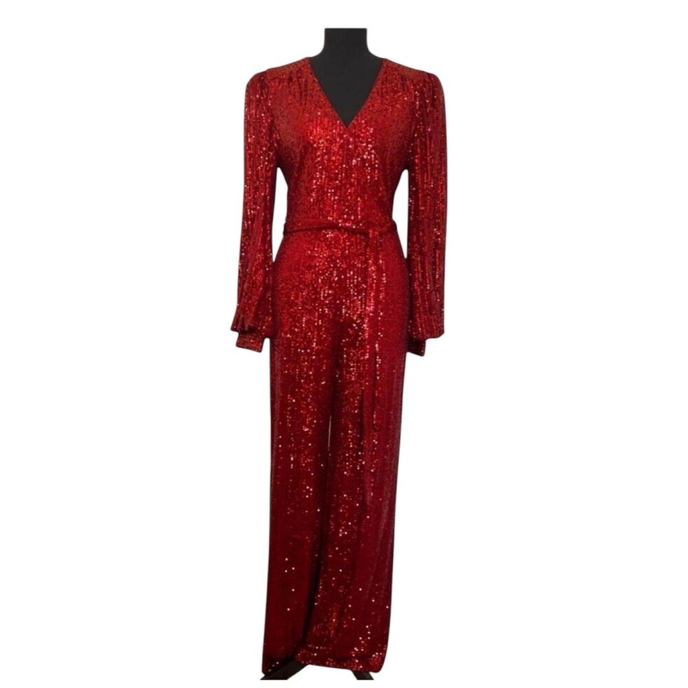 Red Sequin Jumpsuit Long Sleeve Wide Leg V Neck Wrap Formal Women’s Small